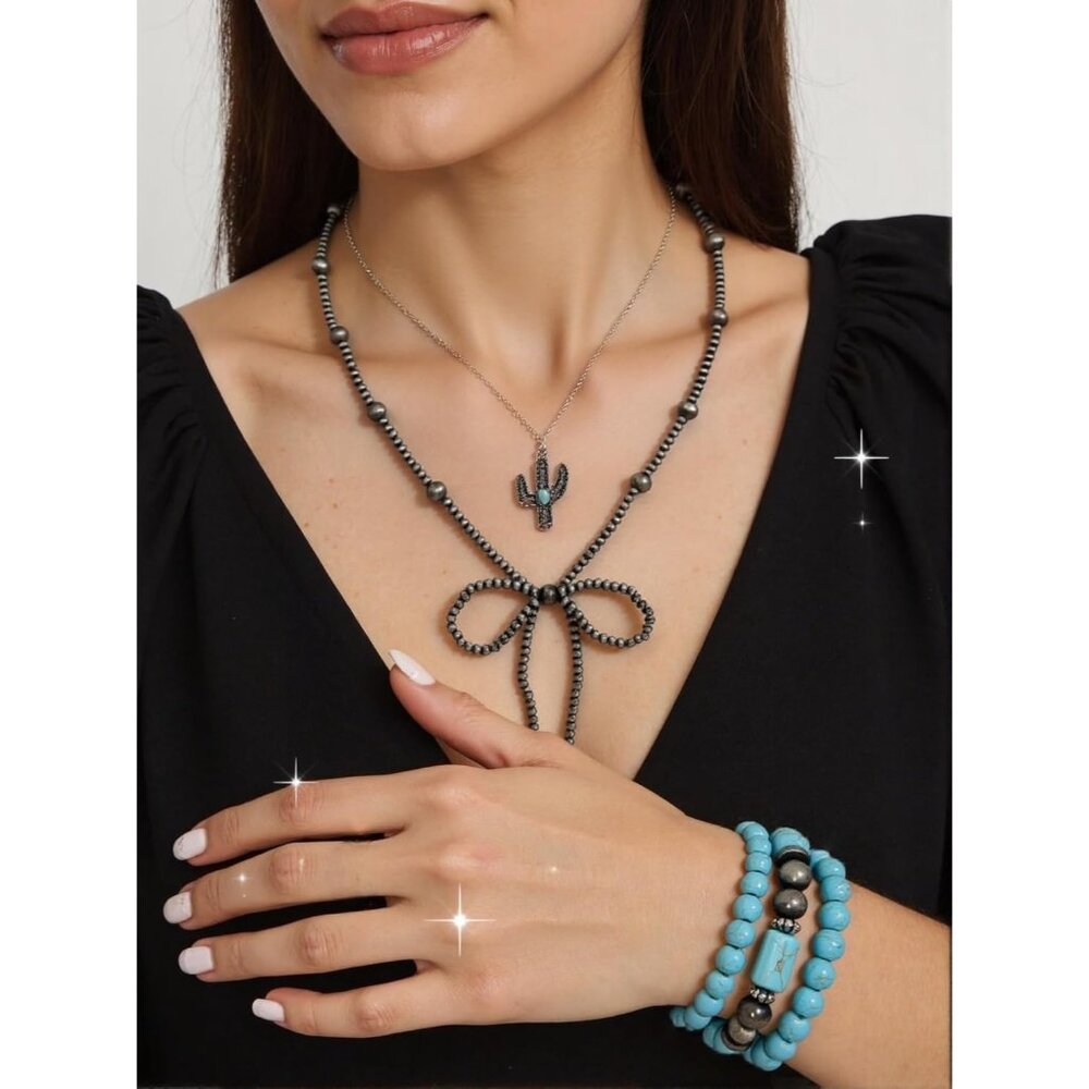 46PCS Silver Bohemian Jewelry Sets With 6pcs Turquoise Necklace,12 pairs Dangle - Picture 4 of 8